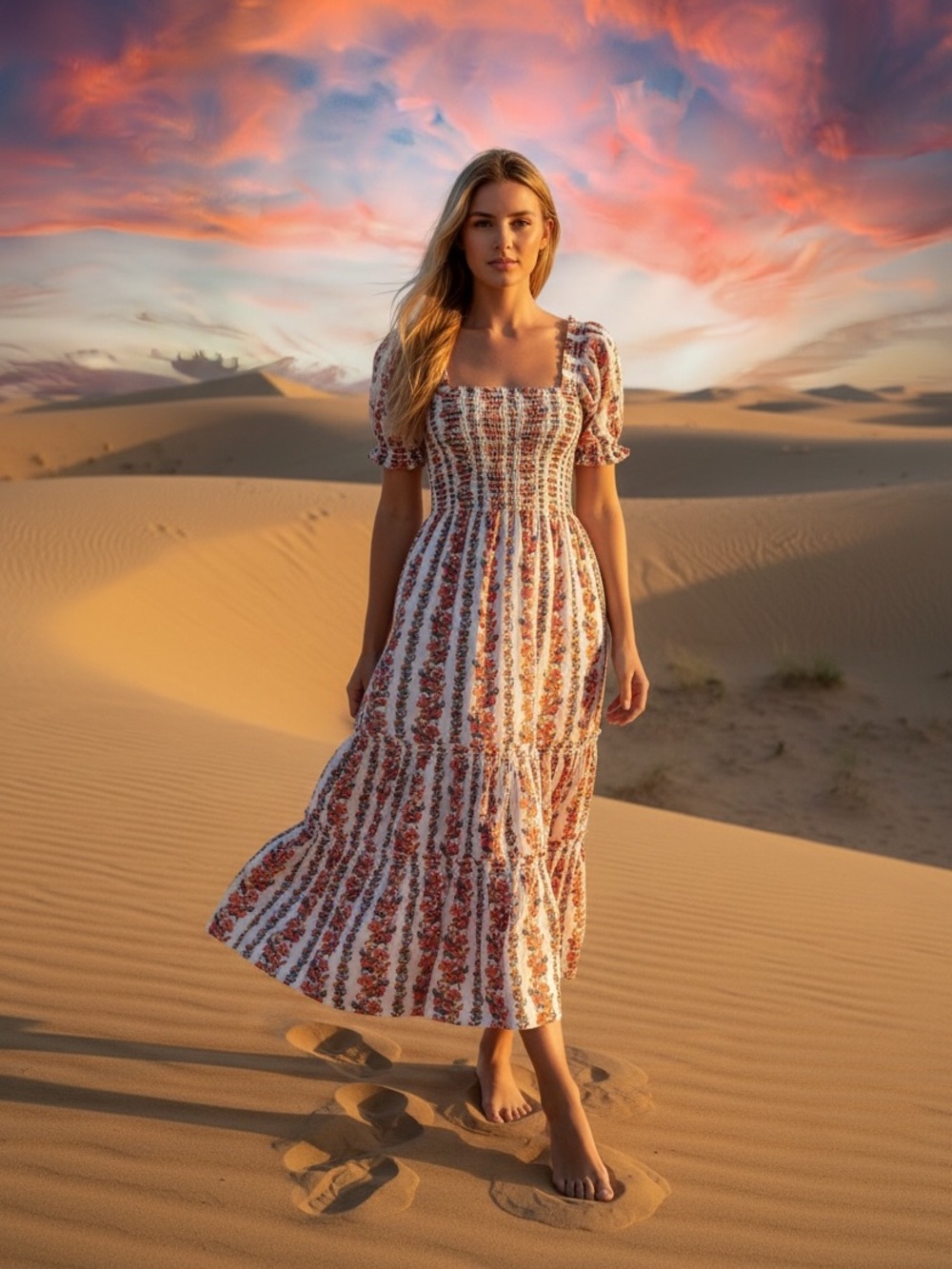 Smocked Square Neck Maxi Dress in White with Orange Floral Stripe
